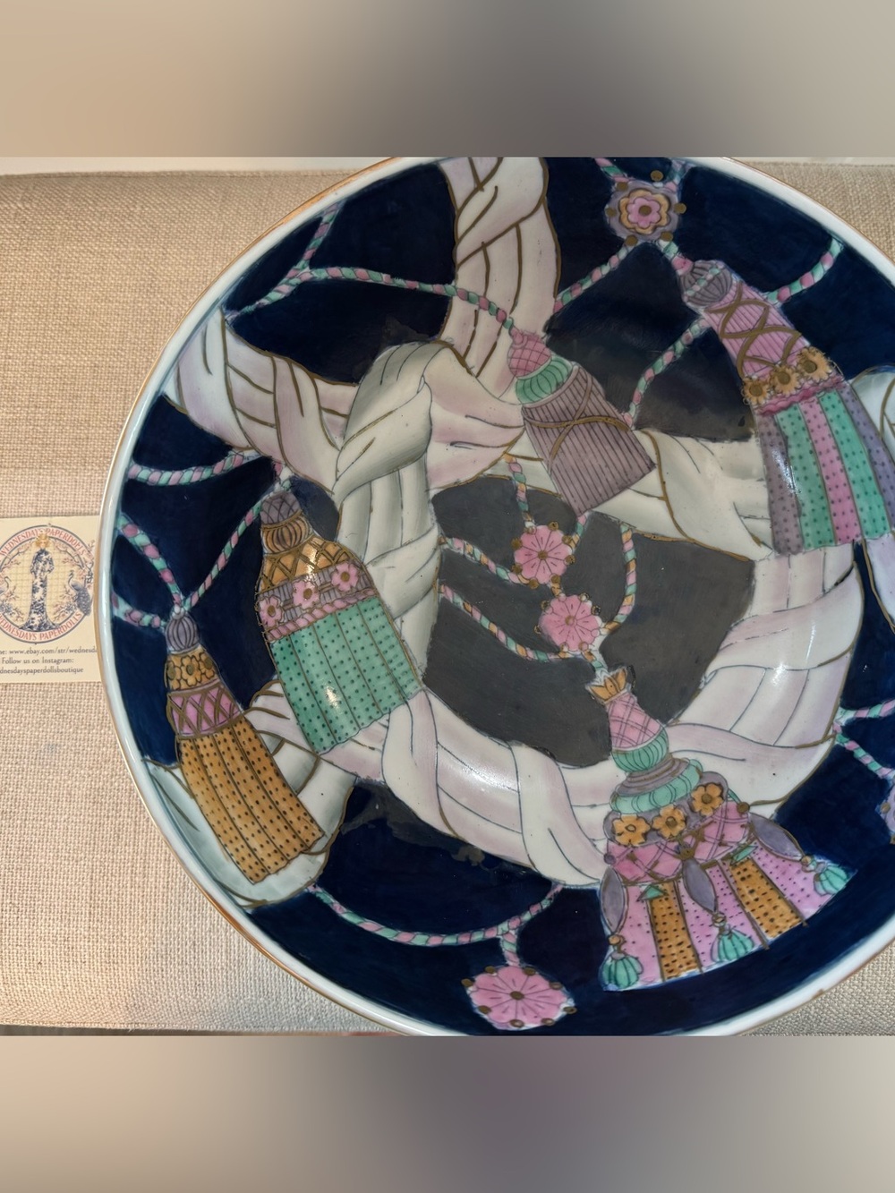 Vintage Asian Blue Rope Tassel 10x5” Glazed Bowl